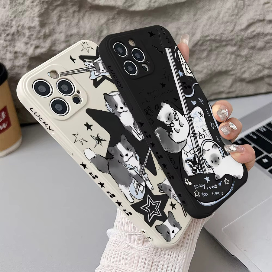 Samsung Handyhülle mit Musik Gitarre und Hund Design für Galaxy A72 A71 A54 A53 A52 A34 A33 A32 A23 A22 A14 A13 A12 4G 5G mit gerader Kante - Bild 1