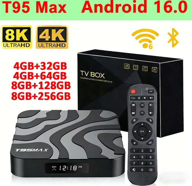 UOSU Android TV Box T95Max mit Android 16, Allwinner H618, 8GB RAM, 256GB Speicher, Dual WLAN 2,4 & 5G, Bluetooth 5.4, 4K & 8K Video HDR10+, Farbe: Schwarz - Bild 1