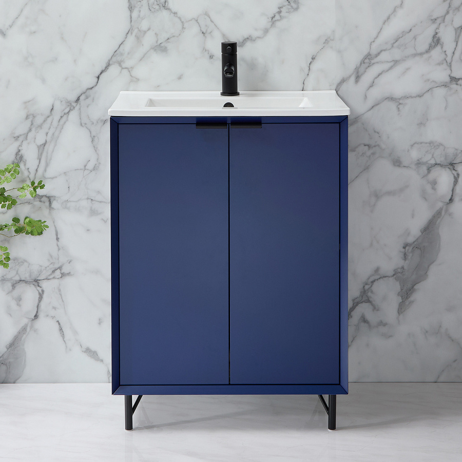 Waschtischunterschrank mit Waschbecken Edge von HudsonReed in Dunkelblau mit schwarzen Fingergriffen und Soft-Close-Türen, Breite: 61 cm - Bild 1