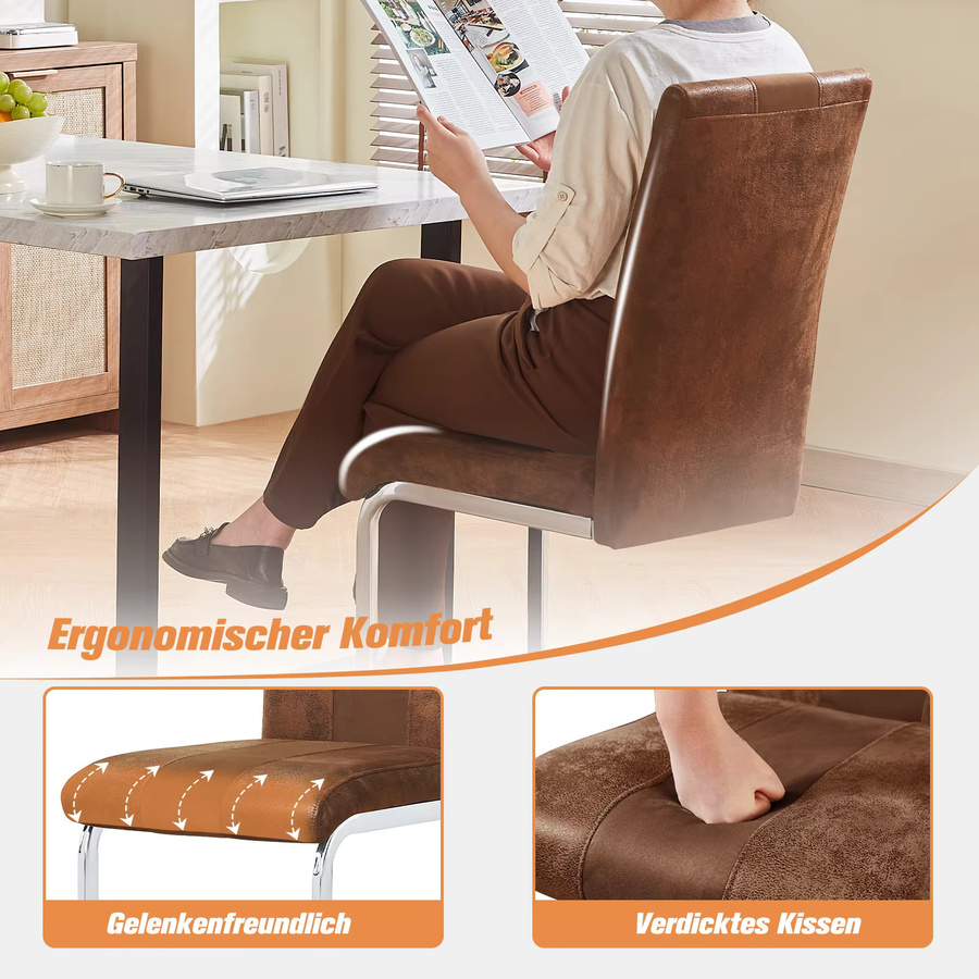 4er Set Freischwinger Esszimmerstühle von JaHECOME aus grauem Kunstleder mit verchromtem Metallgestell und hoher Rückenlehne - Bild 3