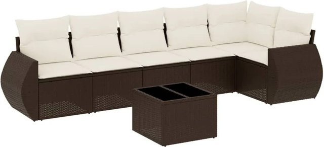 vidaXL 7-teilige Garten-Sitzgruppe aus Polyrattan in Braun mit wetterfesten Kissen und L-Form - Bild 1