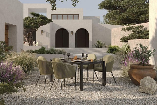 OUTFLEXX Tavio Garten-Essgruppe mit 4 Diningsesseln, anthrazit matt und grün, Aluminium, Rope-Geflecht und Spraystone, B: 160 cm, T: 95 cm, H: 74 cm - Bild 1
