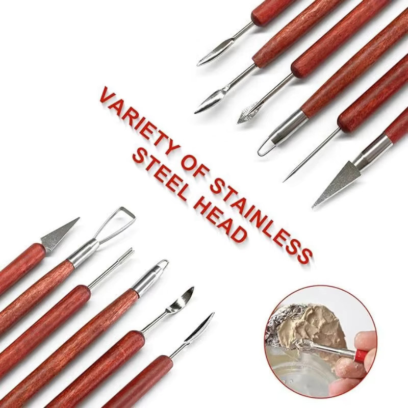 6-teiliges Töpferwerkzeug-Set mit roten Holzgriffen für Tonmodellierung und Tonreparaturen - Bild 2