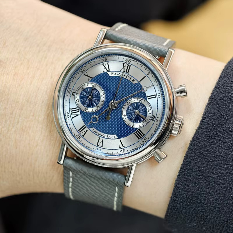 FARASUTE Chronograph, Quarz, Edelstahl, Silber, Leder, 39 mm, Herren - Bild 3