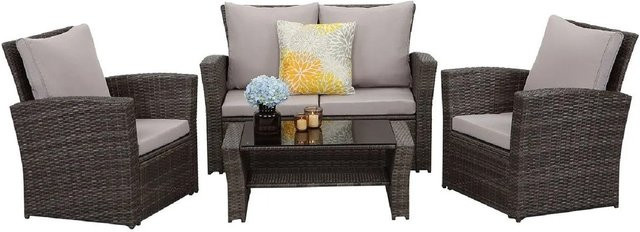 MeXo Poly Rattan Balkonmöbel Set für 4 Personen in Grau mit Polstern und UV-beständigem Stoff - Bild 1