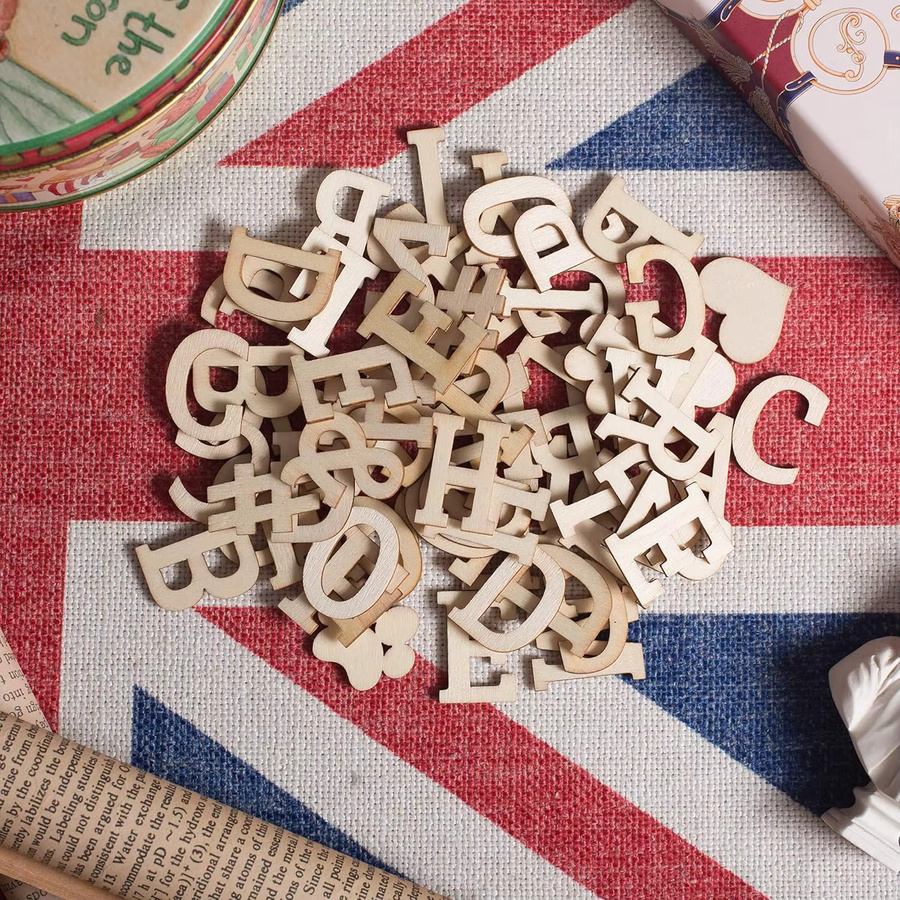 270 Stück Holz-Alphabet-Buchstaben und Holzzahlen in Gelb, Mini-Rohlinge mit Symbolen wie Herz, Stern und Pfote zur Gestaltung, Größe: 2,5 cm - Bild 3