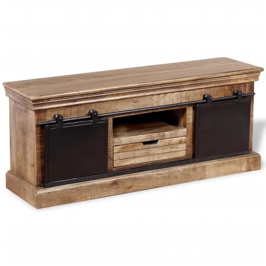 vidaXL TV-Schrank aus massivem Mangoholz mit 2 Schiebetüren in Braun, B/T/H: 110 x 30 x 45 cm - Bild 2