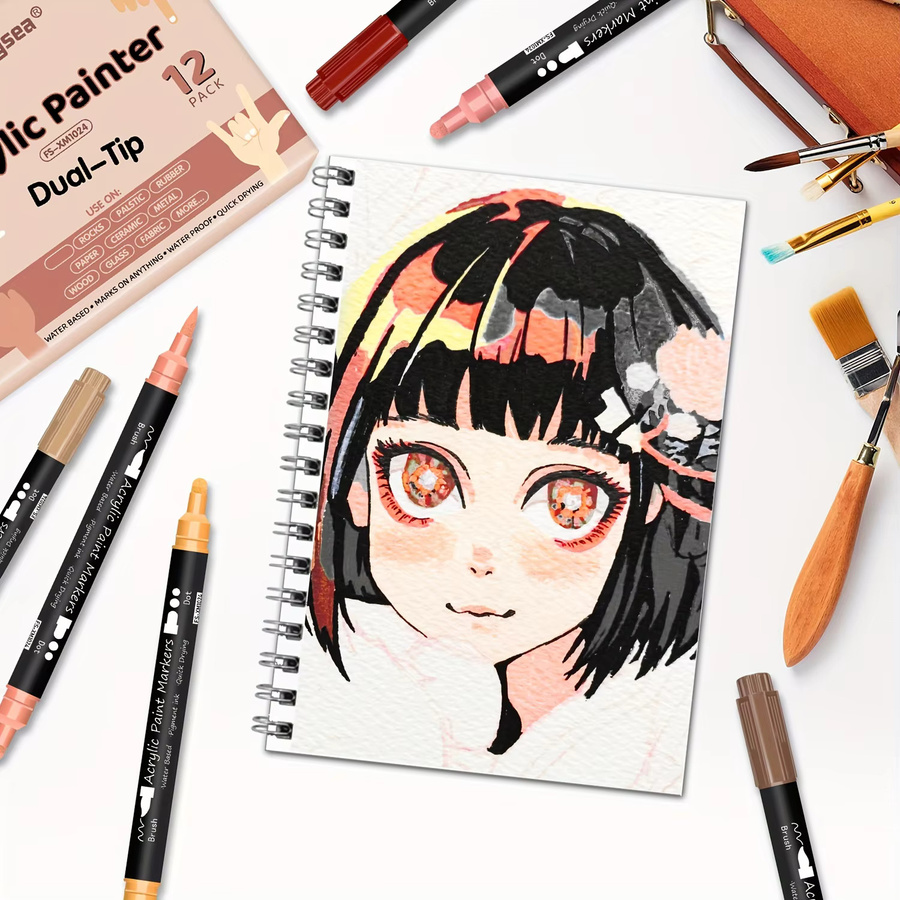 Kolorowys Acrylmarker Set mit 12 Hauttönen und Doppelspitzen aus Pinsel und Punktspitze für Stein, Leinwand, Fliesen und Glas - Bild 3