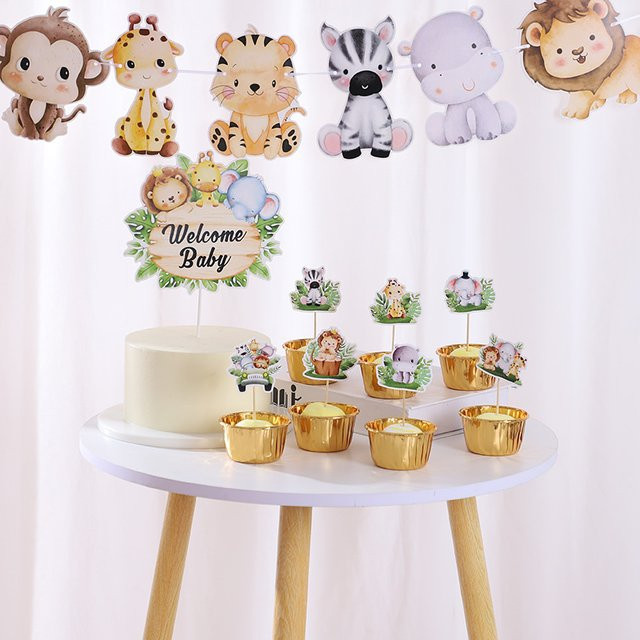 YONGSNOW Dschungel Tier Cupcake Kuchen Topper und Papier Banner Girlande für Baby Shower und Safari Geburtstag Party - Bild 1