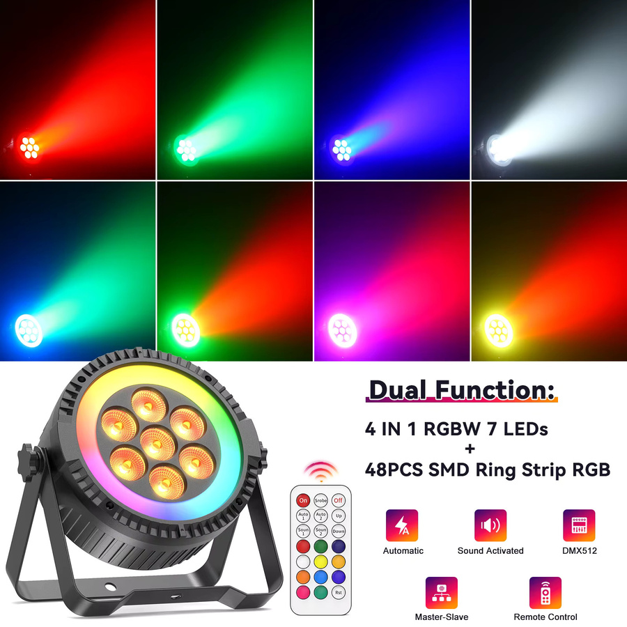 U'King 4er Set RGBW Par Licht mit 7 LEDs und 48 SMD Ringstreifen-Effekt für DJ, Disco und Party, Schwarz, B/T/H: 24,0 x 22,0 x 22,0 cm - Bild 4