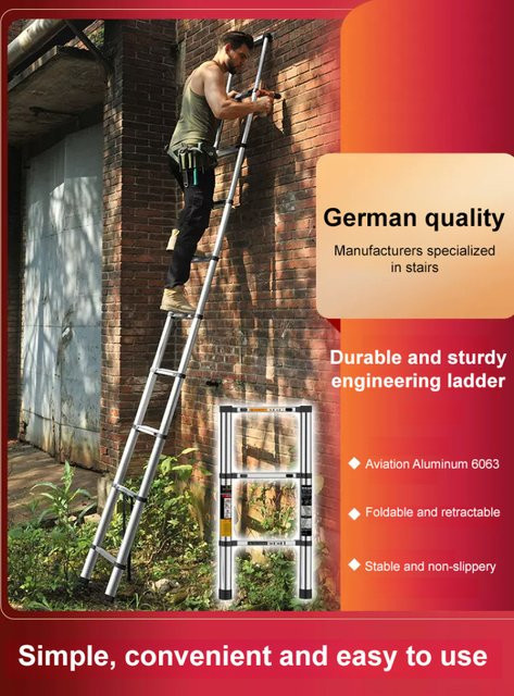 Multifunktionale Teleskopleiter aus Edelstahl in Silber mit rutschfesten Gummifüßen, Höhe: 190 cm - Bild 1