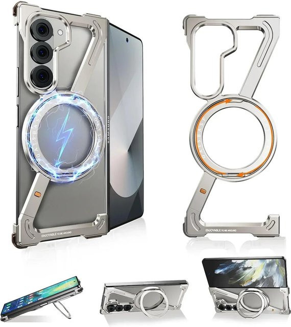 Oatsbasf Metall rahmenlose Handyhülle für Samsung Galaxy Z Fold 7 mit 360 Grad drehbarer magnetischer Halterung in Silber - Bild 1