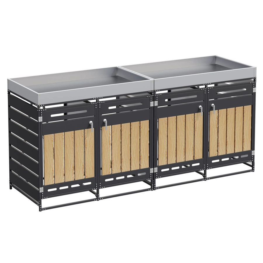 PXloue Mülltonnenbox mit Pflanzkasten in Anthrazit Grau mit vertikalen Holzmaserungspaneelen aus Metall, B/T/H: 120 x 79 x 4 cm - Bild 2