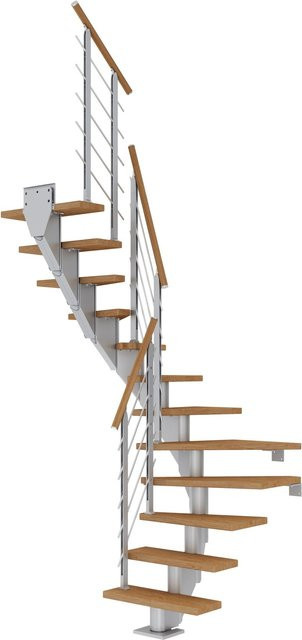 Dolle Mittelholmtreppe Frankfurt als halbgewendelte Spindeltreppe aus Holz in Eiche Perlgrau, GH bis 258 cm, Breite: 65 cm - Bild 1