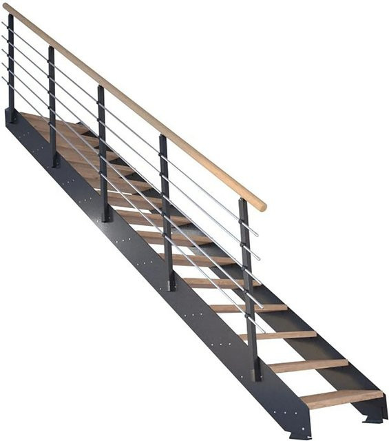 StarWood Treppe Kos mit 12 Stufen in Eiche Rustik Geölt und Metallgeländer in Anthrazit, Höhe: 85 cm - Bild 1