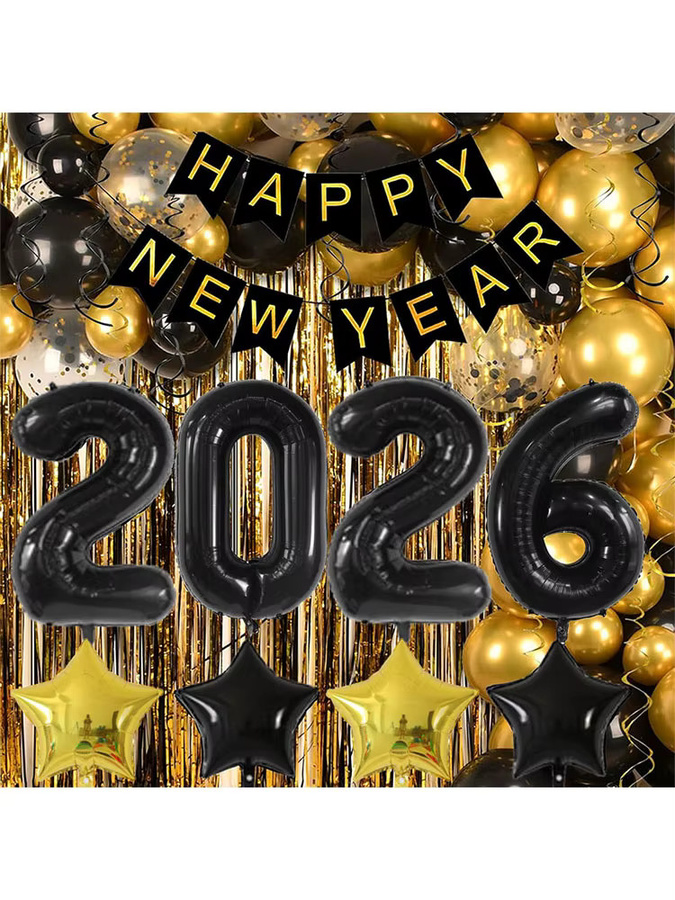 Silvester Dekoration Set mit Ballon Bogen Girlande, Regen Vorhang und 2026 Folienballons in Schwarz - Bild 5