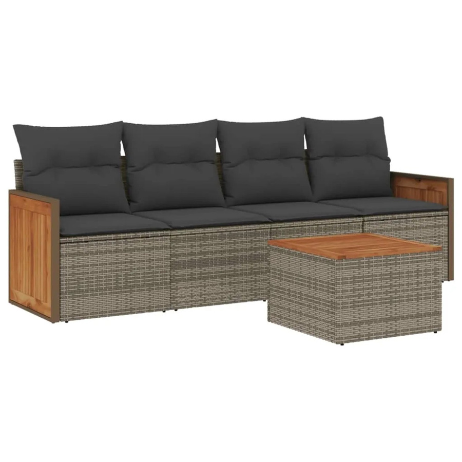 vidaXL 5-tlg Garten-Sofagarnitur aus Polyrattan in Grau mit Kissen und Tisch - Bild 2