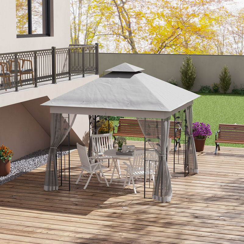 Aosom Outsunny Gartenpavillon mit Doppeldach und Moskitonetz, wasserabweisendes Partyzelt aus Stahl in Hellgrau, B/T: 300 x 300 cm - Bild 2