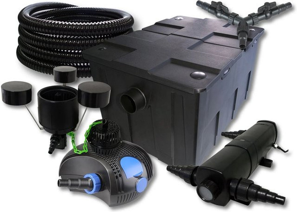 Sunsun Teichfilter Set mit 60000L Klärleistung, 24W Klärer, 100W Eco Pumpe, 25M Schlauch und Skimmer in Schwarz