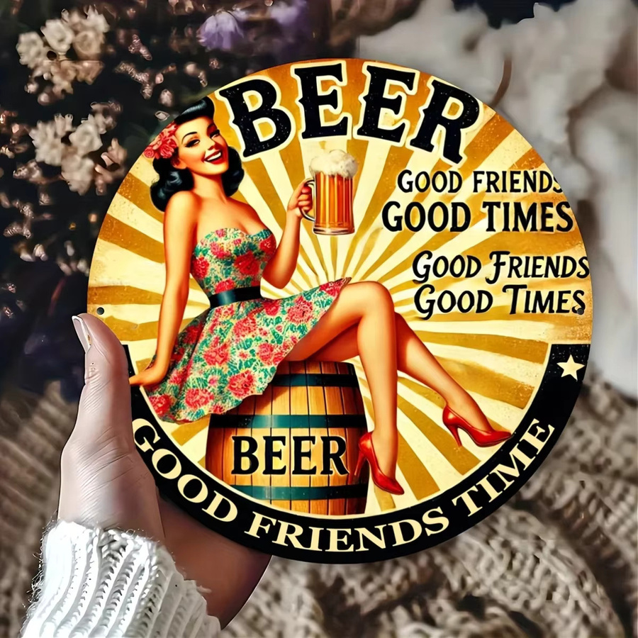 Retro Beer Lady Aluminiumschild von Potdemiel in Schwarz, runde Wandkunst mit Foliengravur, Durchmesser: 20,3 cm - Bild 3