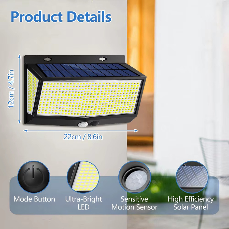 Solarbetriebene LED-Flutlichter mit Bewegungsmelder und 5 Modi, wasserdichte Außenleuchten für Garten, Wand und Hof, 528 LED, Weiß/Schwarz - Bild 5