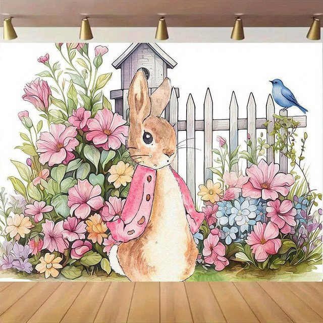VIKAMA Peter Rabbit Ostern Wandteppich mit Blumen- und Tiermotiven, Mehrfarbig, B/H: 100 x 73 cm - Bild 1