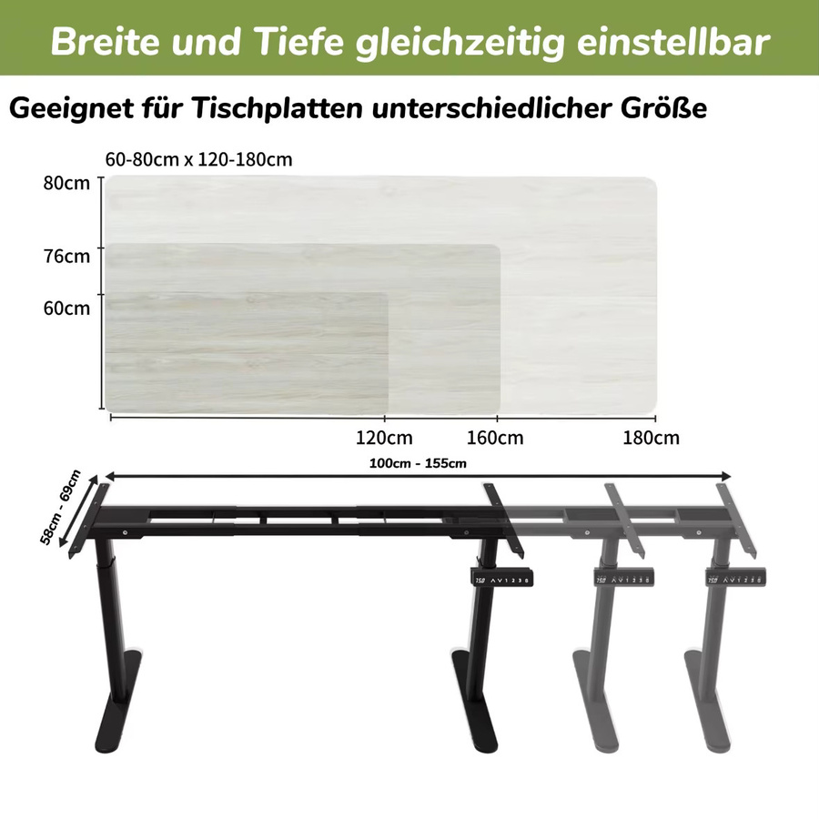 Radlove Elektrisch Höhenverstellbares Schreibtisch Gestell mit 2 Motoren, Schwarz/Weiß, B: 110 cm, T: 57 cm - Bild 2
