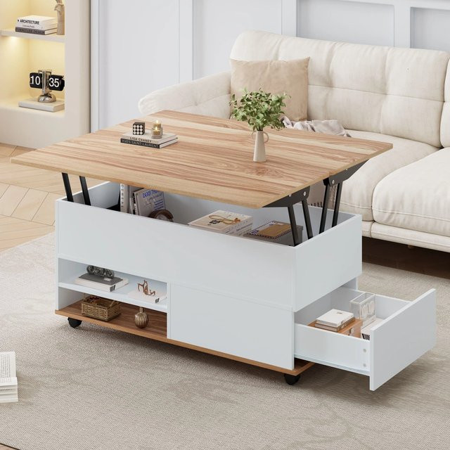 Merax Couchtisch höhenverstellbar in Weiß und Beige mit Stauraum und Rollen - Bild 1