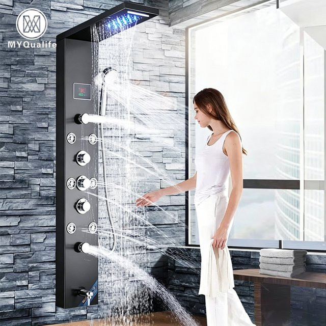 MYQualife LED-Duschpaneel in Matt Schwarz mit Digitalanzeige, Regendusche, Wasserfall-Funktion, Massagefunktionen, Handbrause und Duscharmatur-Set, Höhe: 114,0 cm, Breite: 20,0 cm, Tiefe: 46,0 cm - Bild 1
