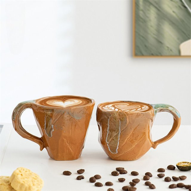 Japanisches Steinzeug Kaffeetassen-Set mit Untertassen in Braun mit Vintage-Glasur - Bild 1