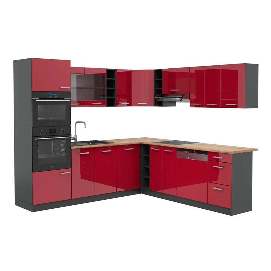 Vicco R-Line Eckküche Bordeaux Hochglanz und Anthrazit mit Eiche-Optik B/T/H: 237 x 247 cm - Bild 1