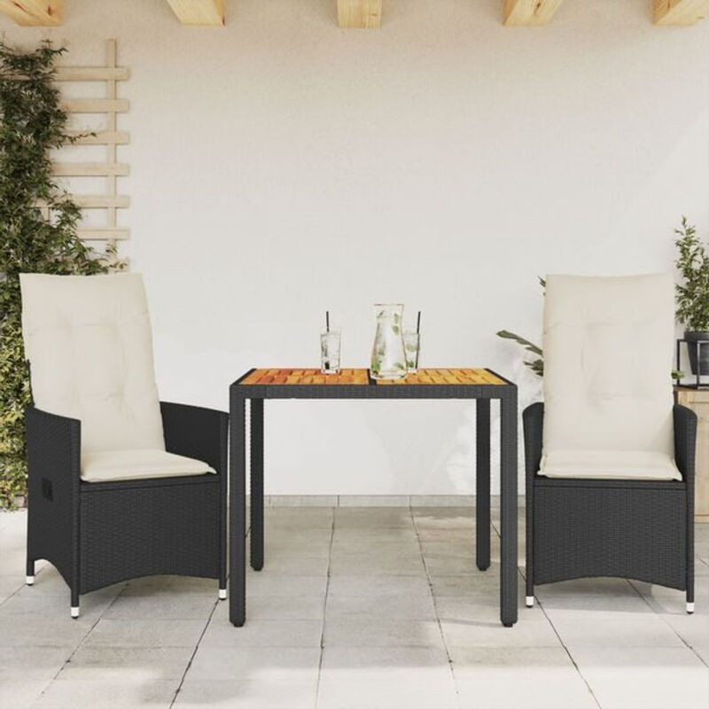 Vidaxl 3-tlg. Bistro-Set aus Polyrattan und Akazie in Schwarz mit Kissen - Bild 1