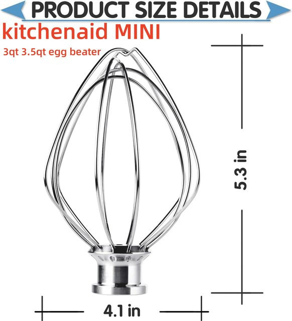 KitchenAid 6-Draht-Schneebesen-Aufsatz Mini aus Edelstahl in Silber für KitchenAid Mini 3Qt und 3,5Qt Tilt-Head Modelle KSM3311 KSM3316 - Bild 1