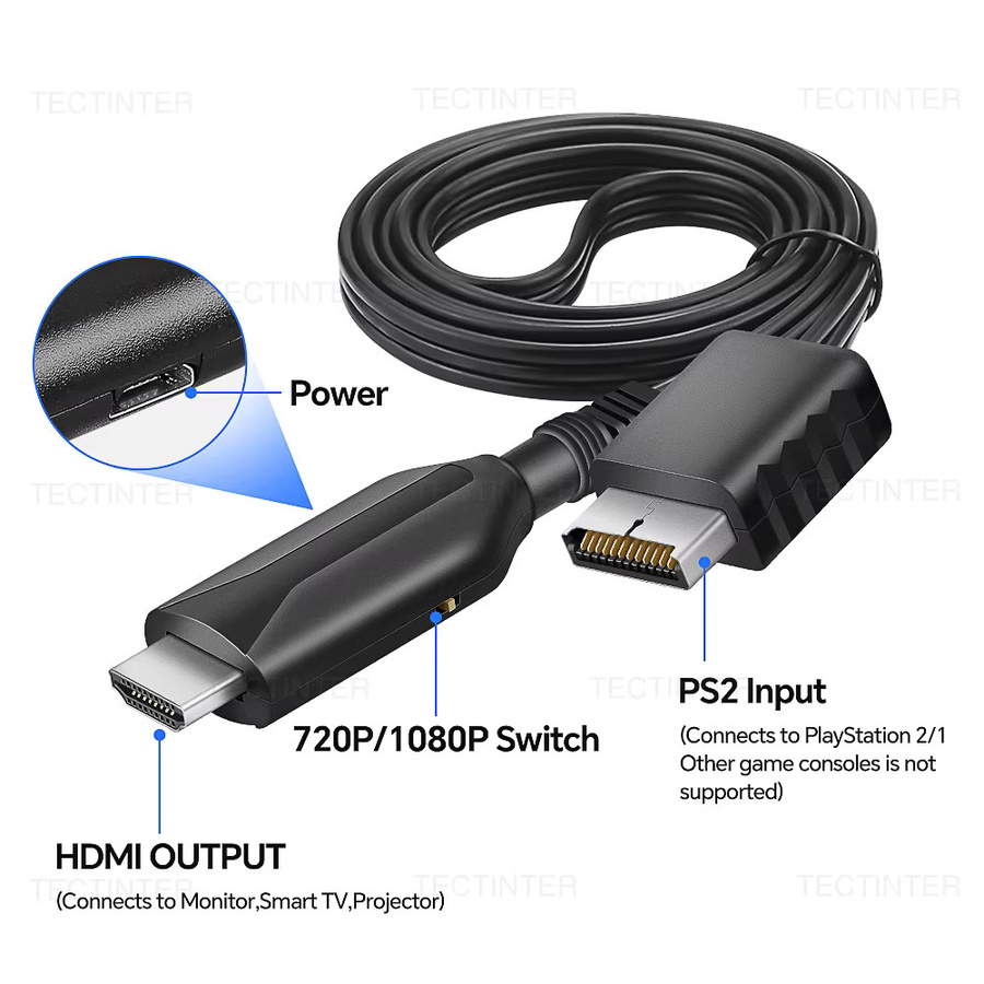 TECTINTER HDMI Konverter Adapter für PlayStation 2 und PS1, Schwarz, kompatibel mit HDTV und PC - Bild 4