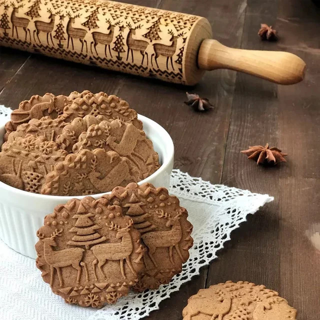 HOCOSHINE Weihnachts-Nudelholz aus Holz mit 3D-Gravur für Kekse und Fondant in Braun - Bild 1