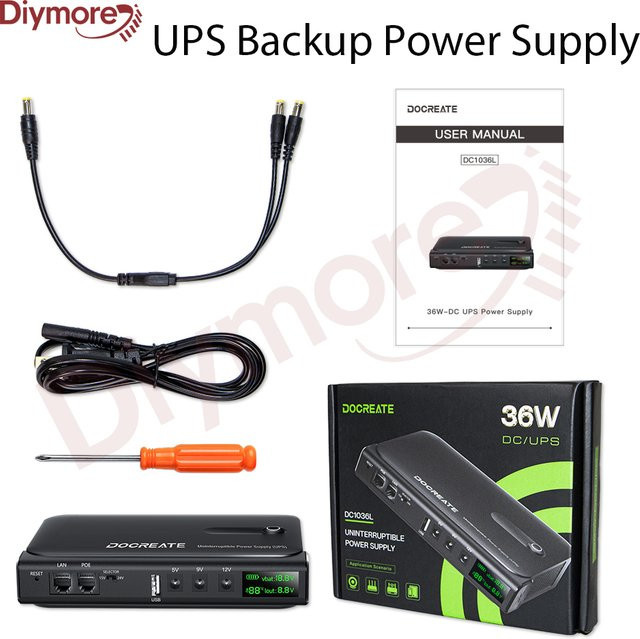 diymore DC1036L USV unterbrechungsfreie Stromversorgung 36 W mit Anti-Reverse-Schutz für 18650 Akkus, tragbare Stromversorgung für Router in Schwarz, 5 V 9 V 12 V 15 V 24 V - Bild 1