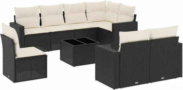 vidaXL 9-tlg Garten-Sofagarnitur aus Poly Rattan mit Kissen in Schwarz Modell 35 - Bild 1