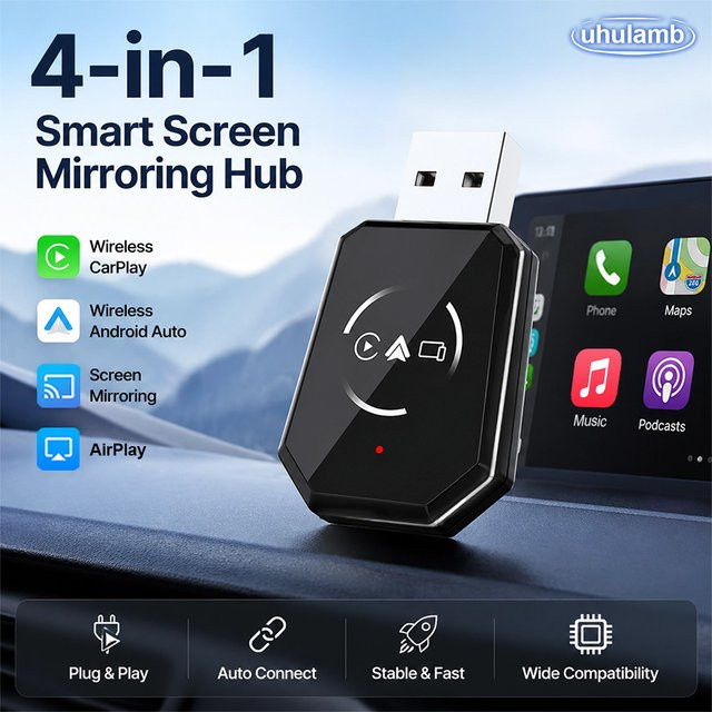 MiNi CarPlay 2026 4-in-1 Kabelloser CarPlay-Adapter mit Android Auto, Mirror Link, WiFi und Bluetooth in Schwarz - Bild 1