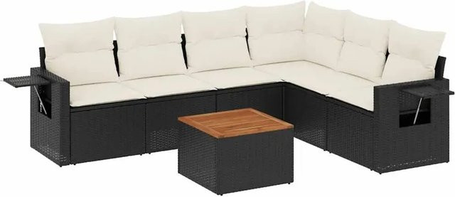 vidaXL 7-teilige Garten-Sofagarnitur aus Poly-Rattan und Akazienholz in Schwarz-Creme mit Kissen - Bild 1