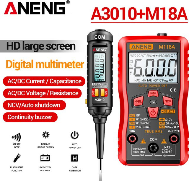 ANENG M118A + A3010 Digital-Multimeter-Tester-Stift Kit mit True RMS, 6000/4000 Counts Auto-Ranging AC/DC Transistor-Spannungsprüfer - Bild 1