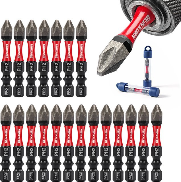 Geinxurn Diamond Coated Schlagschrauber-Bit-Set aus S2-Stahl mit magnetischen PH2-Bits und 2 Zoll Einsätzen in Rohrverpackung - Bild 1