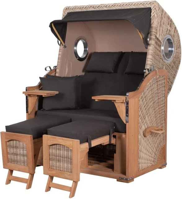 Bene Living Strandkorb Komplettset Ammersee Teak Bullauge PE Shell Modell 548 in Braun - Bild 1