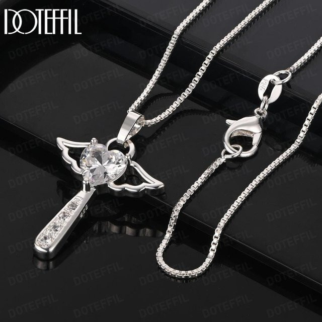 Doteffil Halskette 925 Silber, Zirkonia, Herzförmig, Kreuz Anhänger, 45 cm, Damen - Bild 1