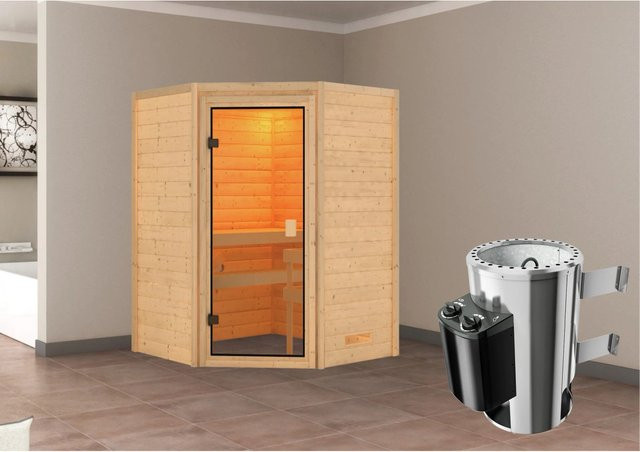 Karibu Massivholzsauna Antonia aus Fichte mit 3,6 kW Ofen und integrierter Steuerung, Farbe Bronze/Braun, B/T/H: 145 x 145 x 187 cm - Bild 1