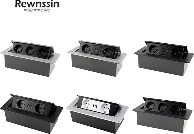 Rewnssin Pop-Up-Tischsteckdose aus Aluminium in Silber mit Dual USB-C und EU-Standard Steckdose - Bild 1