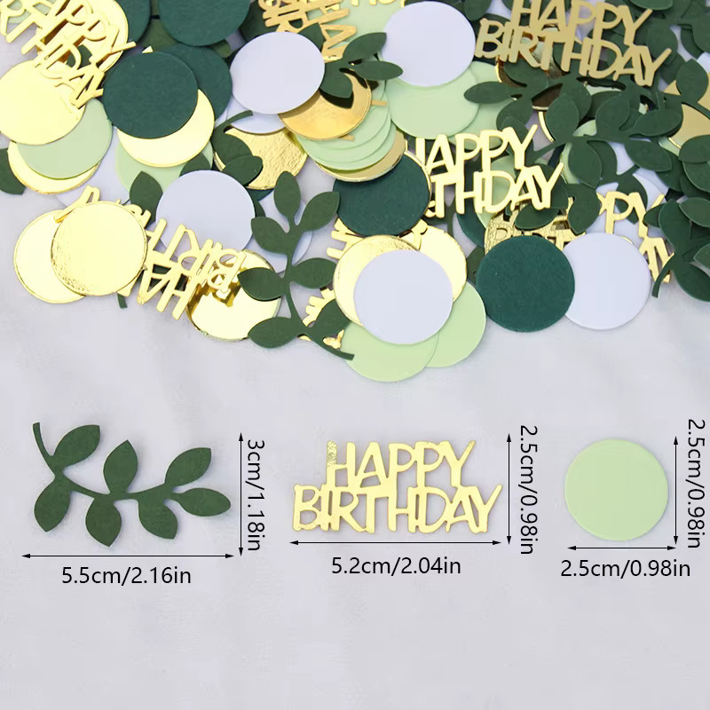 VRISE Geburtstagsparty Konfetti aus Papier, 120 Stück, Gold und Grün, Kreisförmiges Design mit Blättern und Alles Gute zum Geburtstag Schriftzug - Bild 4