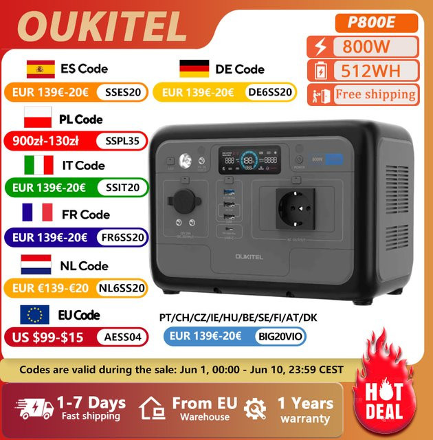 OUKITEL P800E Tragbare Powerstation 800W Solargenerator mit 512Wh LiFePO4-Akku in Schwarz - Bild 1
