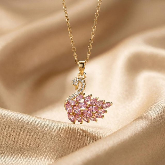 KaiTingu Halskette mit Schwanenanhänger, Edelstahl, Gold, Zirkonia, Damen - Bild 1