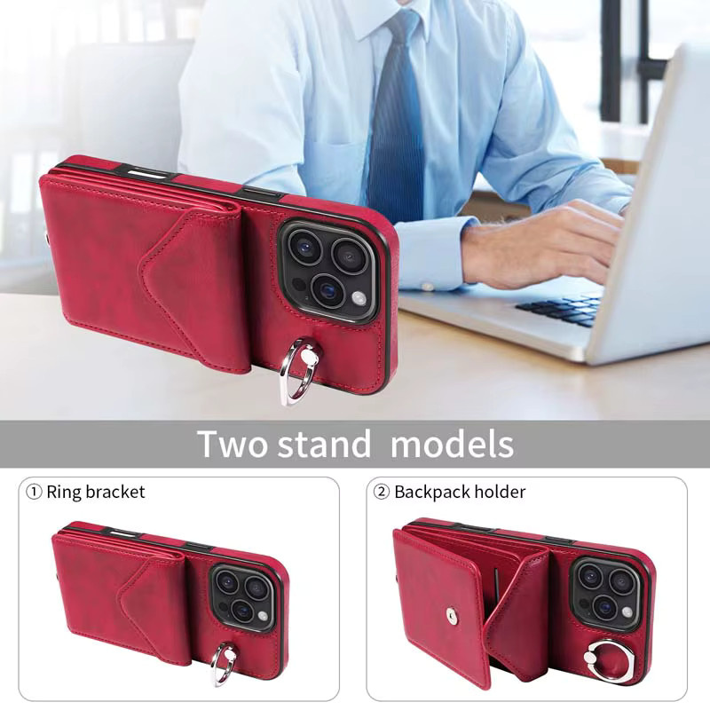 Lange Lanyard Ledertasche mit Kartenfächern für iPhone Modelle in Schwarz und Rot - Bild 2