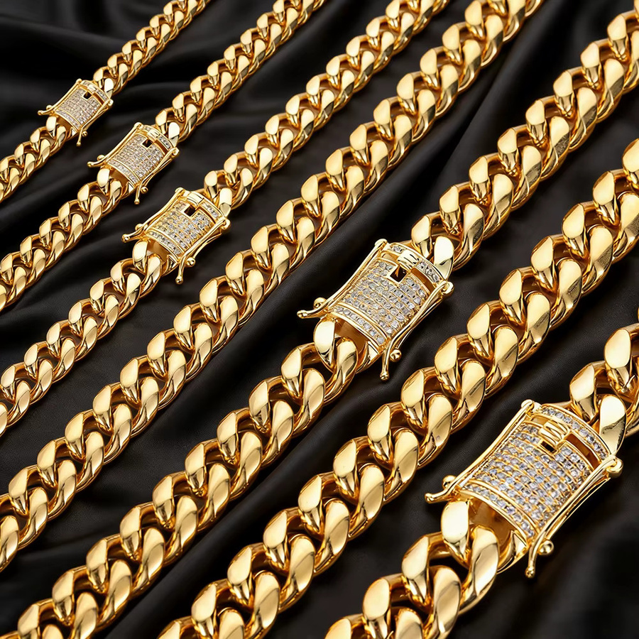 HHIOK Halskette Miami Cuban Link, Edelstahl, Gold, Zirkonia, Herren - Bild 4